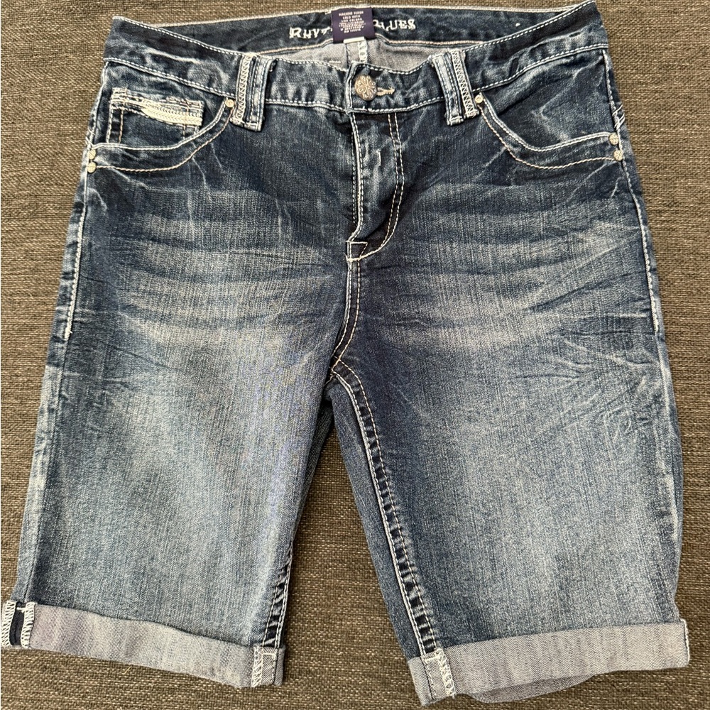 Rhythm & Blues women’s Y2K style Jean Shorts - Blue Wash rhinestones bermuda 10